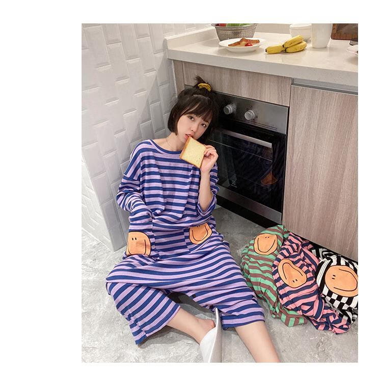 条纹可爱连体睡衣女春秋棉质长袖睡裙长款秋冬大码孕妇家居服套装5947