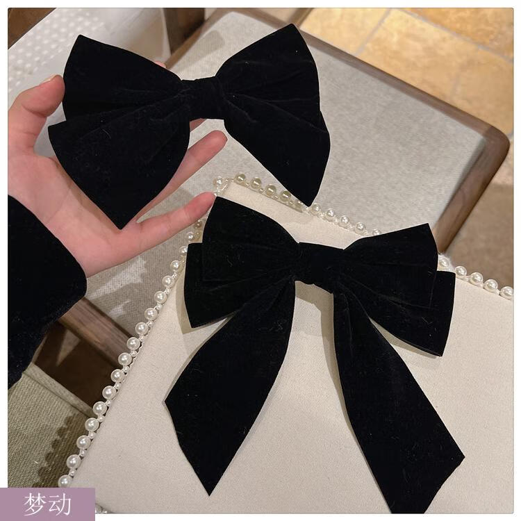 梦动复古黑色蝴蝶结顶夹丝绒秋冬法式发夹ins感头饰发饰女长款8779