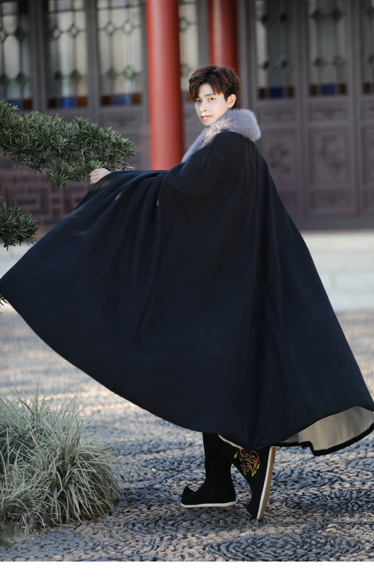 卡辑古装汉服男冬装仙气加绒加厚长斗篷披风外套侠客武侠风刺绣圆领袍