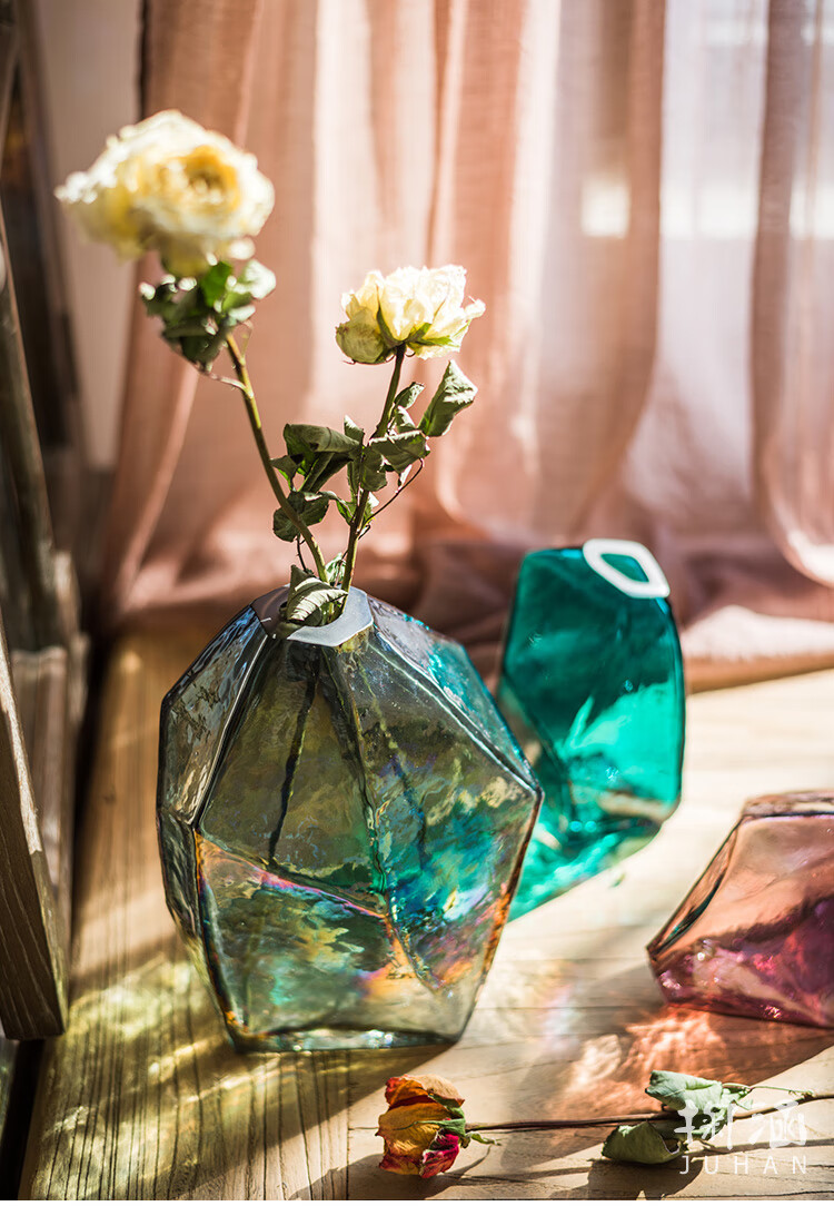 掬涵 蓝冰手工玻璃器皿工艺玻璃花瓶花插花器装饰摆件桌面礼物 a琥珀