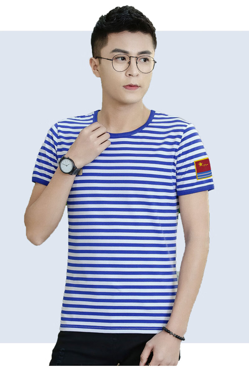 带有中国国旗的体恤短袖夏季条纹短袖t恤男装海刺绣标臂章修身海魂衫
