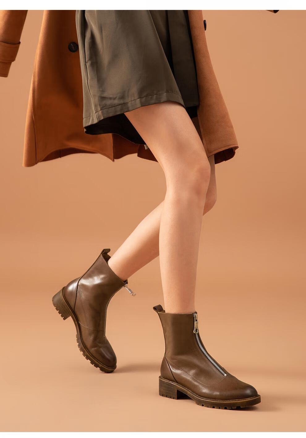 beautoday秋冬季新款切尔西靴女粗跟平底复古英伦风女靴厚底靴子女短