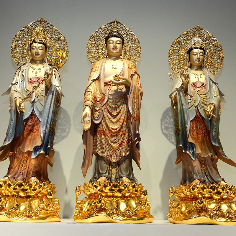 圆通佛具佛像摆西方三圣台湾全铜手工帖真金观音佛像阿弥陀佛佛像客厅