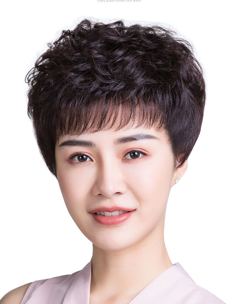 唐妮假发女短发妈妈真人发丝中老年真发假发套自然短卷发时尚全头套式