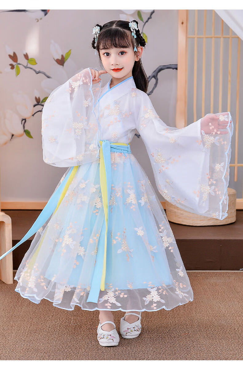 汉服女童古装中国风2021新款春秋儿童装夏装古风襦裙仙女孩唐装蓝色齐