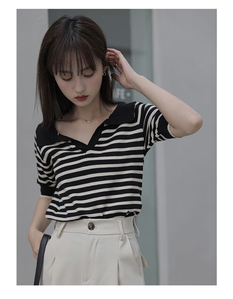 黑白条纹针织衫撞色polo衫黑白条纹针织女夏季薄款小众设计感短袖上衣