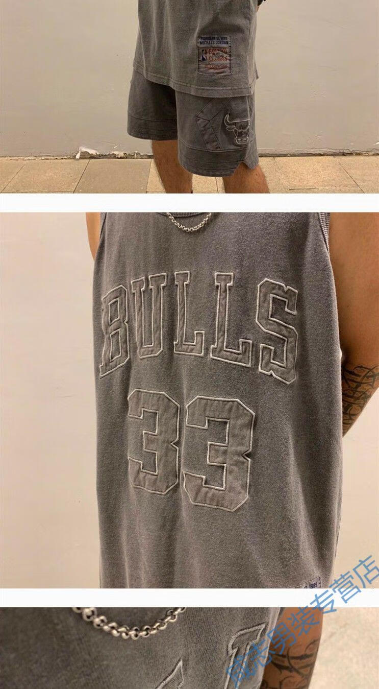 复古水洗做旧公牛bulls字母刺绣33号坎肩背心宽松嘻哈男女 灰色 (颜色