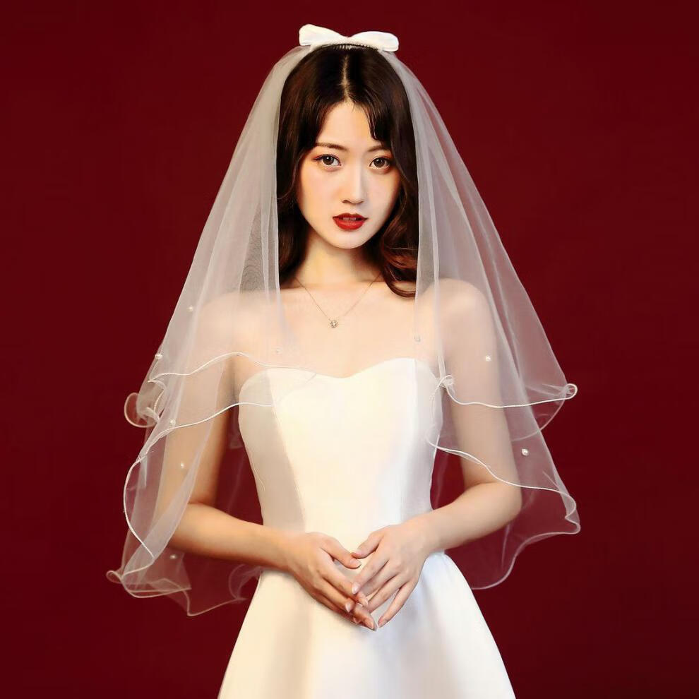 领证仪式感头纱小众设计跟拍头纱新娘头纱中长主婚纱双层拍照道具白色