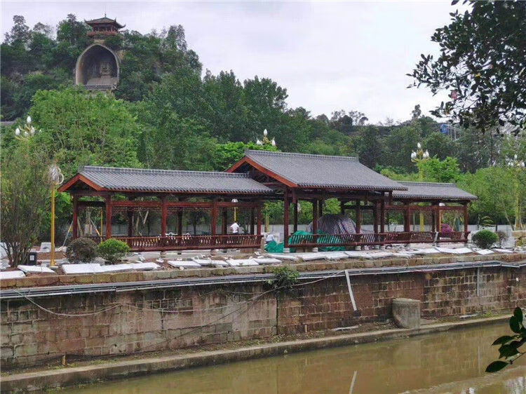 长廊凉亭庭院防腐木户外古建木制走廊乡村连廊实木凉亭文化走廊沥青瓦