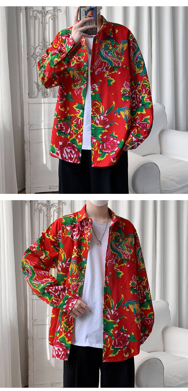 南极人东北外套花衬衫男复古大码高街衣服宽松套装ins网红炸街男士