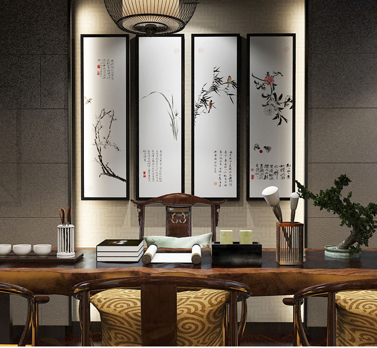 英族 梅兰竹菊挂画花鸟四条屏新中式装饰画客厅现代简约水墨国画中国