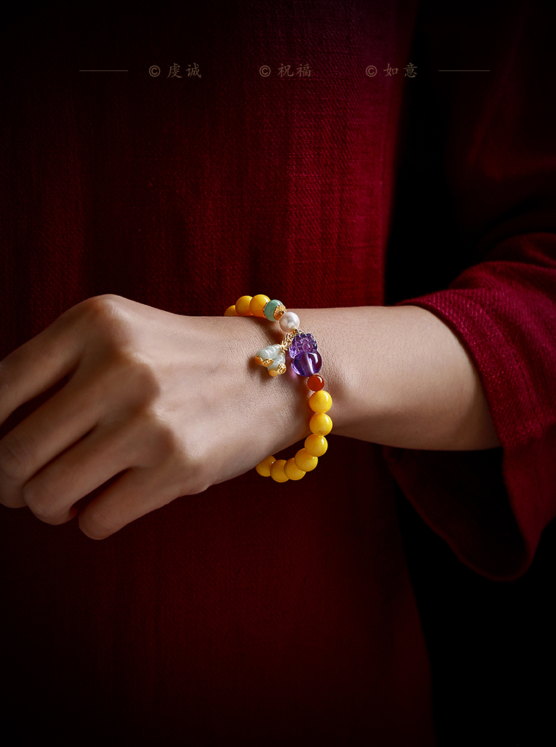 月石缘天然琥珀蜜蜡手串紫水晶貔貅珍珠翡翠葫芦玛瑙圆珠手链送朋友
