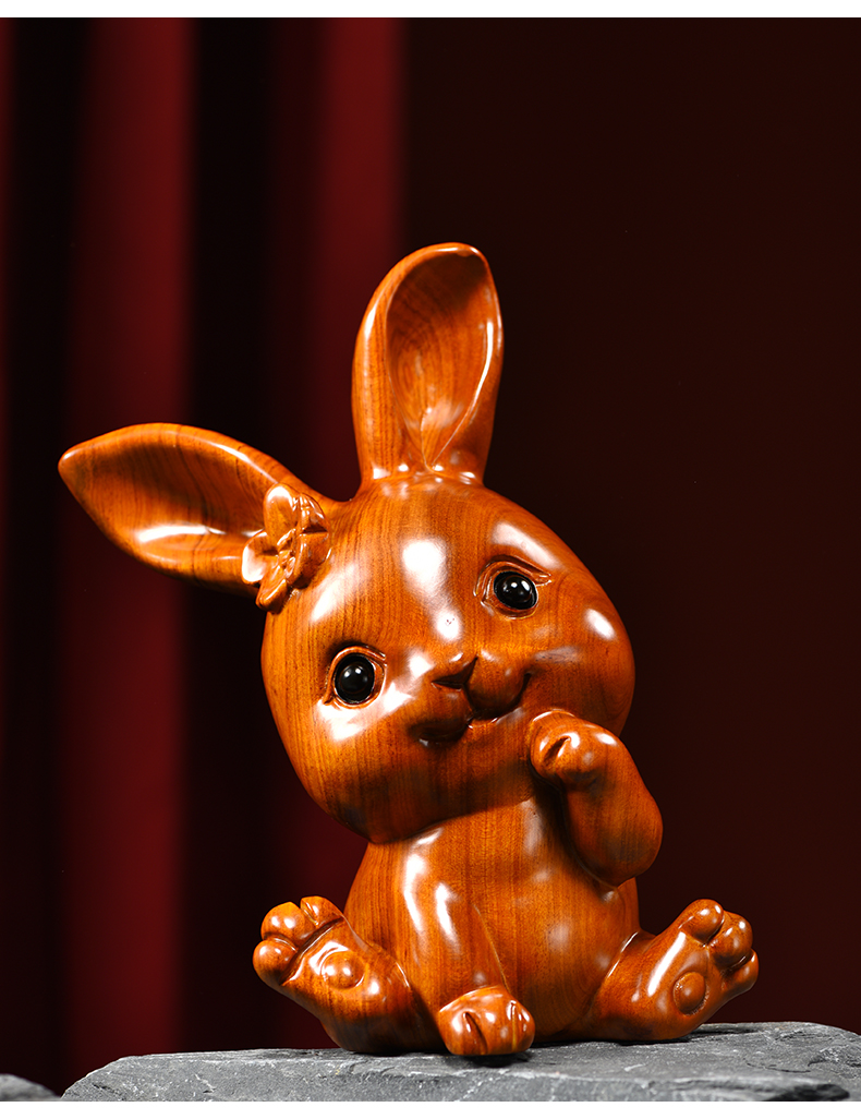 凯都小兔子兔宝宝实木头雕刻动物生肖家居客厅装饰书架女友生日礼物兔