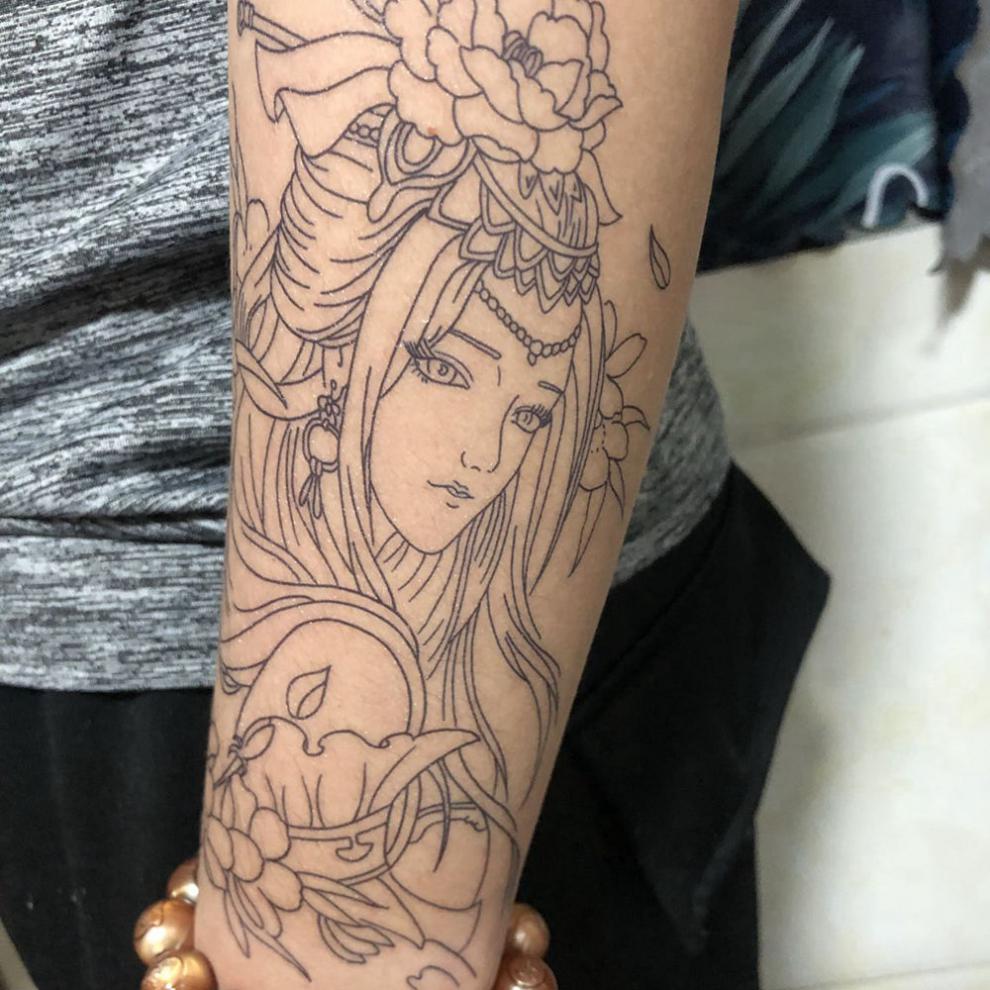 割线艺伎刺青色防水男女社会花臂半臂小腿仿真纹身贴线条刺青 割线