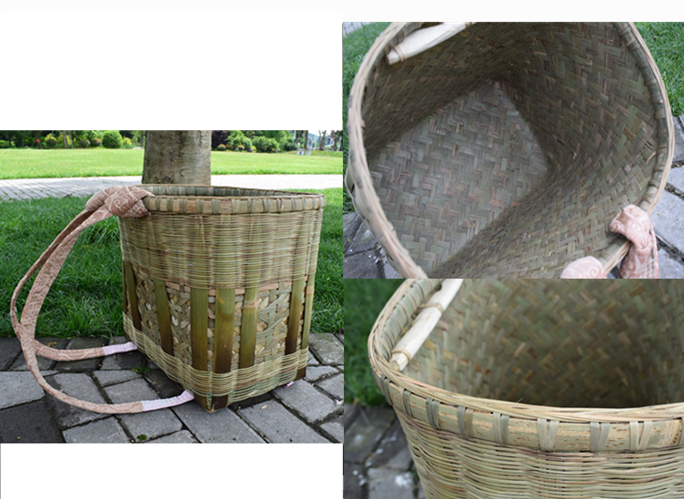 手工编织塑料竹背篓买菜采摘茶收纳舞蹈影视道具成人背筐钢化中号黄色