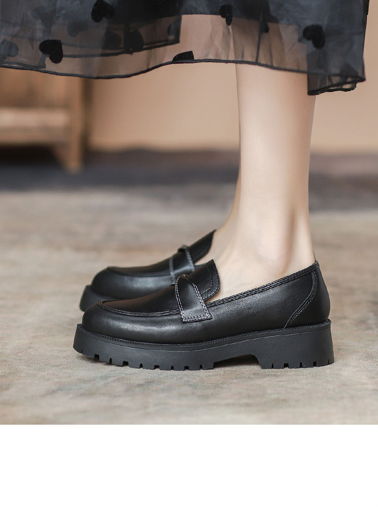 尊士烟斗时尚女鞋春季厚底乐福鞋女英伦风2022新款棕色低帮套脚小皮鞋