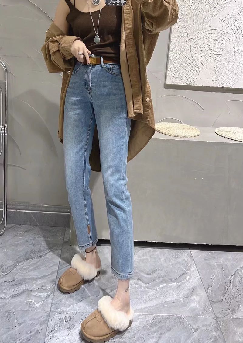 裤子女显瘦腿高腰直筒弹力百搭显标烟筒裤九分牛仔裤女蓝色s