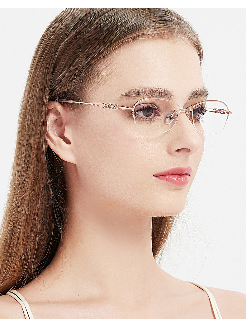 玫瑰金眼镜架女半框超轻纯钛眼镜女可配度数防蓝光老花气质镜紫玫金配