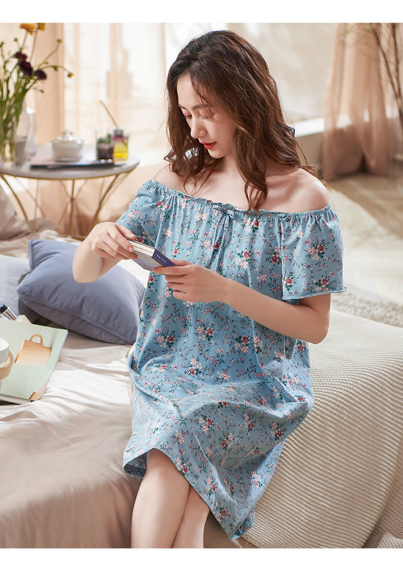 女夏季纯棉短袖甜美韩版睡裙碎花连衣裙子薄款大码家居服粉色885072xl