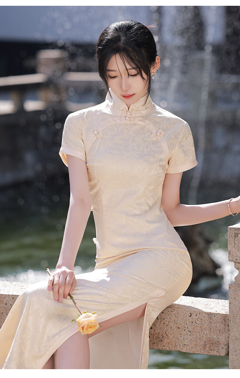 mlcriyg香槟色旗袍2022年新款高端气质女装年轻款长款少女夏季中国风