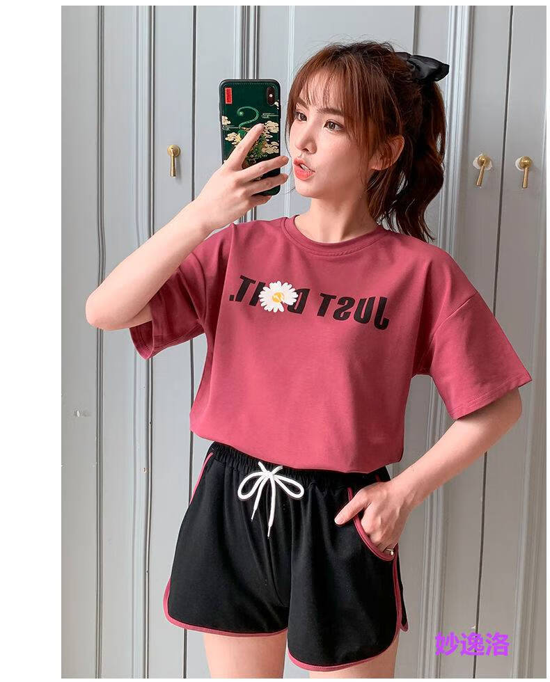 t恤女生网红夏天穿的衣服一套少女初中高中生学生热天女士ins潮紫红s