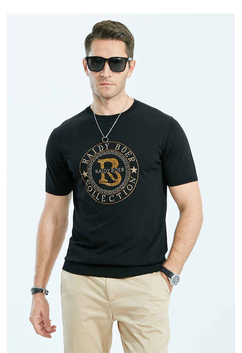 raidyboer雷迪波尔夏季新款男士时尚休闲烫钻针织圆领t恤7033白色175