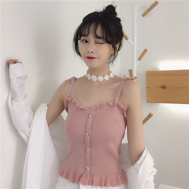 针织小背心女外穿ins潮甜辣内搭打底法式别致胖妹妹吊带上衣黑色m80