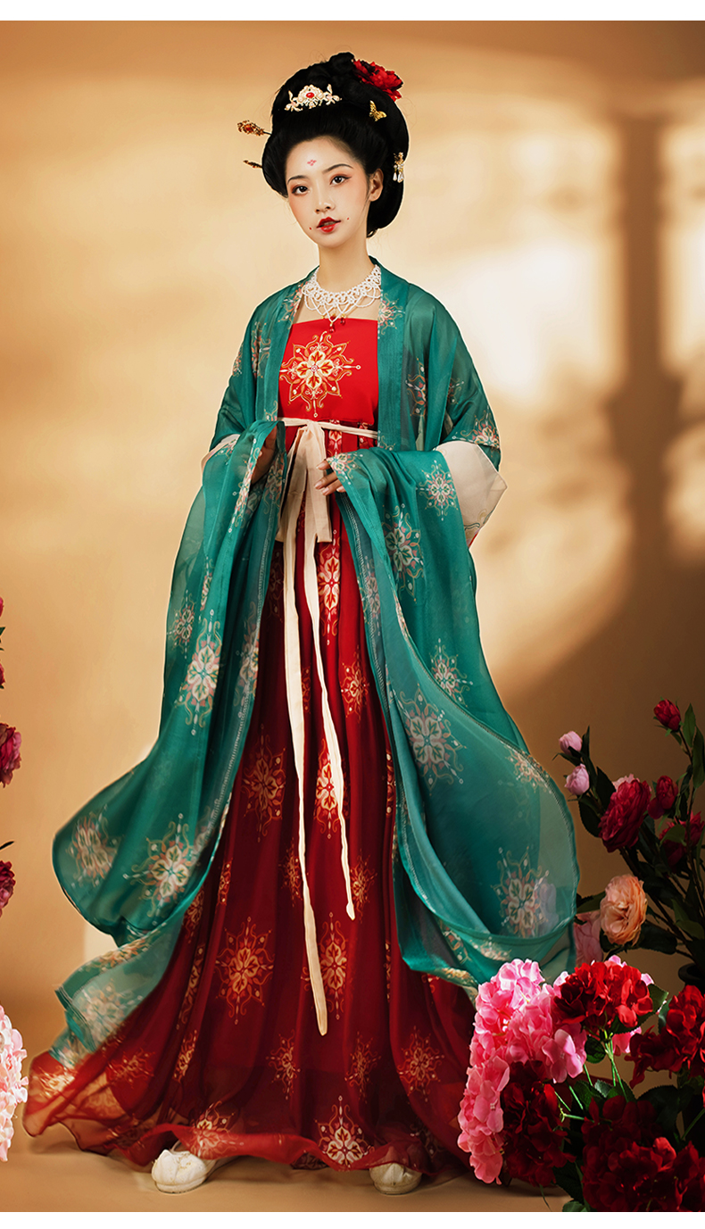 卡辑唐制原创汉服女唐风刺绣诃子裙古装新品杏色大袖衫红色诃子裙披帛