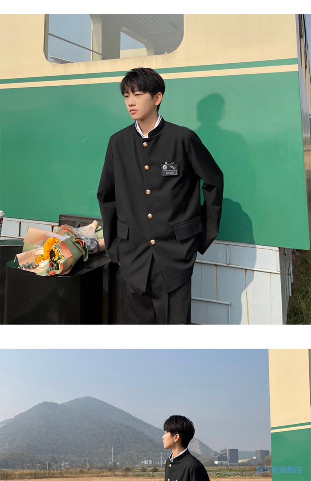 诘襟服中山装男青年日系学生高中生制服校供毕业班服诘襟服西装男套装