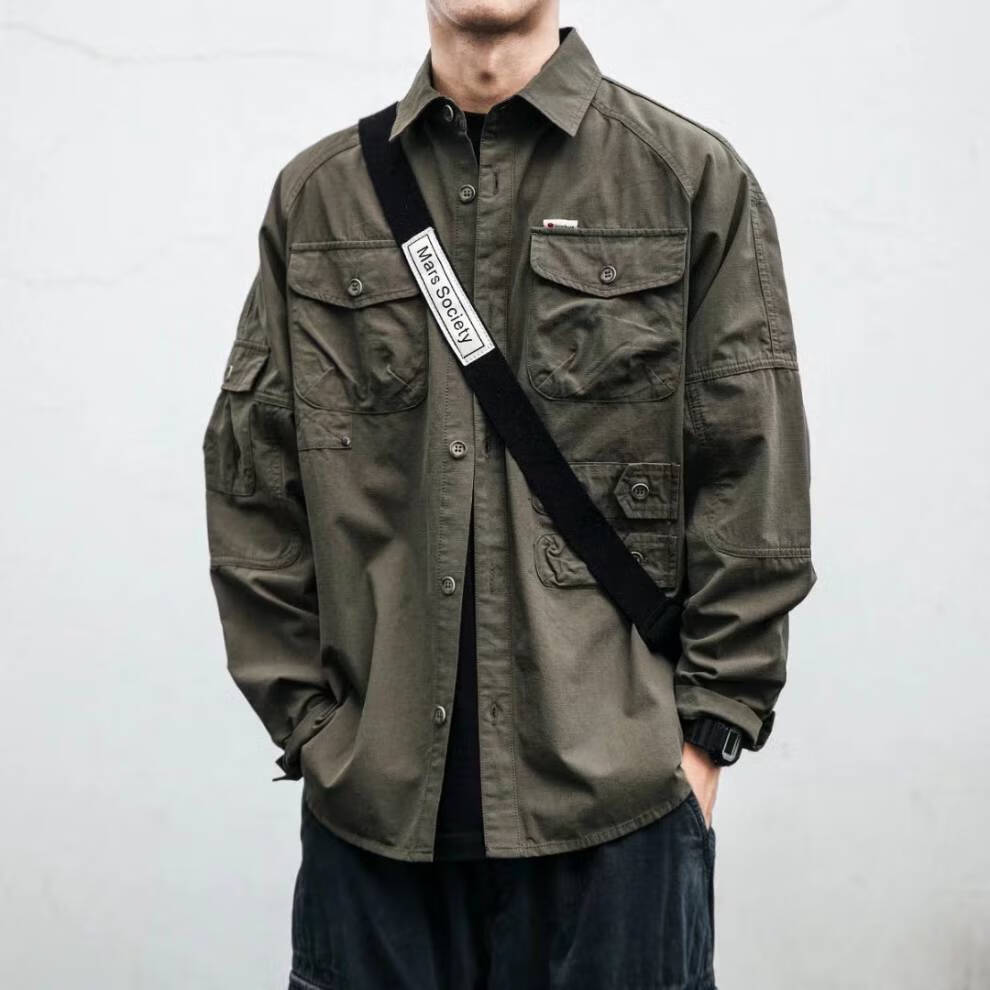 南极人美式工装衬衫男长袖潮流设计感痞帅宽松口袋百搭外套男士休闲