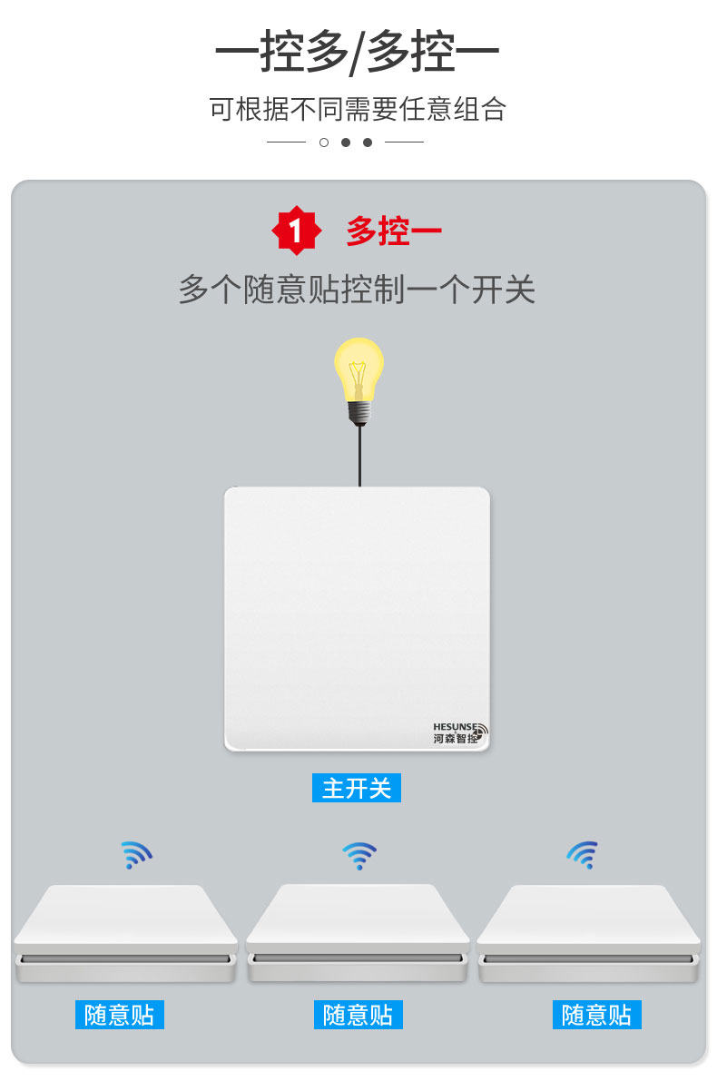 遥控开关免布线无线智能控制器220v灯家用双控面板86型随意贴一路的