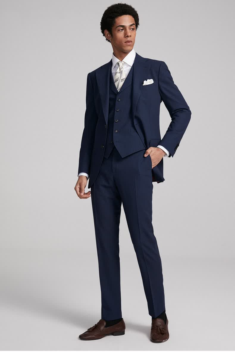 full monty藏青色王格平驳领单排扣西服套装男士羊毛休闲西装 藏青色