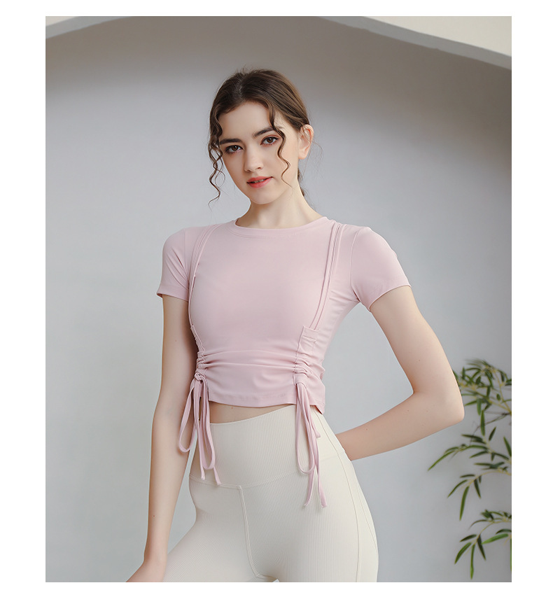 春夏瑜伽服上衣女裸感性感露脐短款抽绳短袖t恤运动健身服女依迪筱天