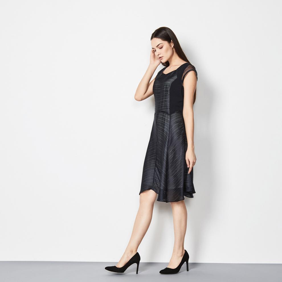 玫而美meiermei连衣裙短袖中长款夏季雪纺条纹a摆休闲圆领专柜同款