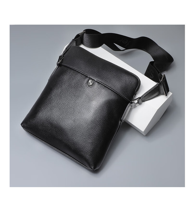 蜘蛛王男包头层牛皮商务休闲斜挎包竖款时尚潮男单肩包黑色