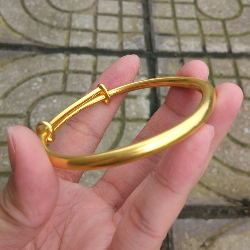 金手镯宽版光面推拉款实心金镯子活口可调节百搭金包银首饰 传承内