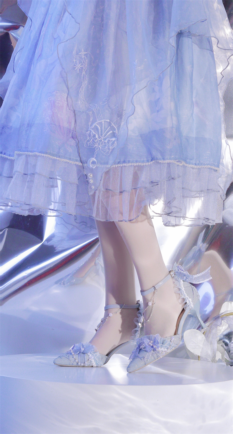 洛丽塔高跟鞋花嫁lo鞋尖头手作优雅高跟鞋百搭lolita茶会藏蓝色7cm带