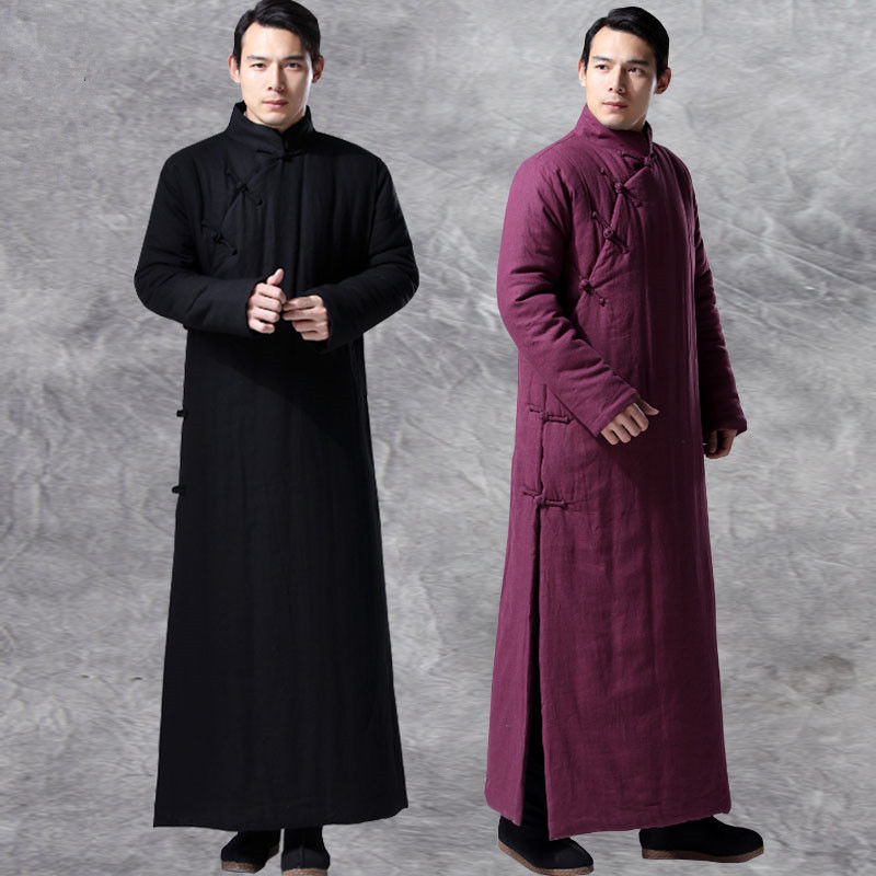 棉袍男中国风男装棉麻冬保暖唐装斜襟长袍马褂民国长衫中式长款加厚