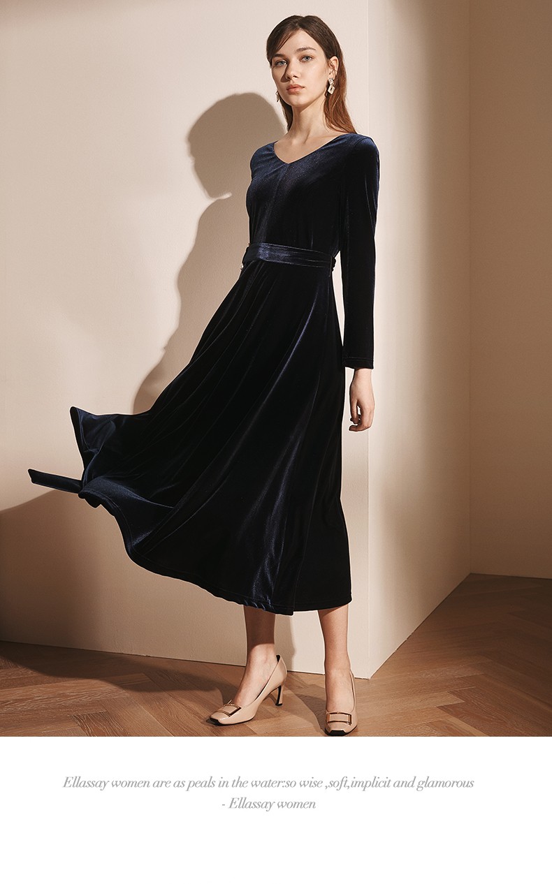 ellassay歌力思商场同款女装秋季新款 优雅复古丝绒大摆系带连衣裙
