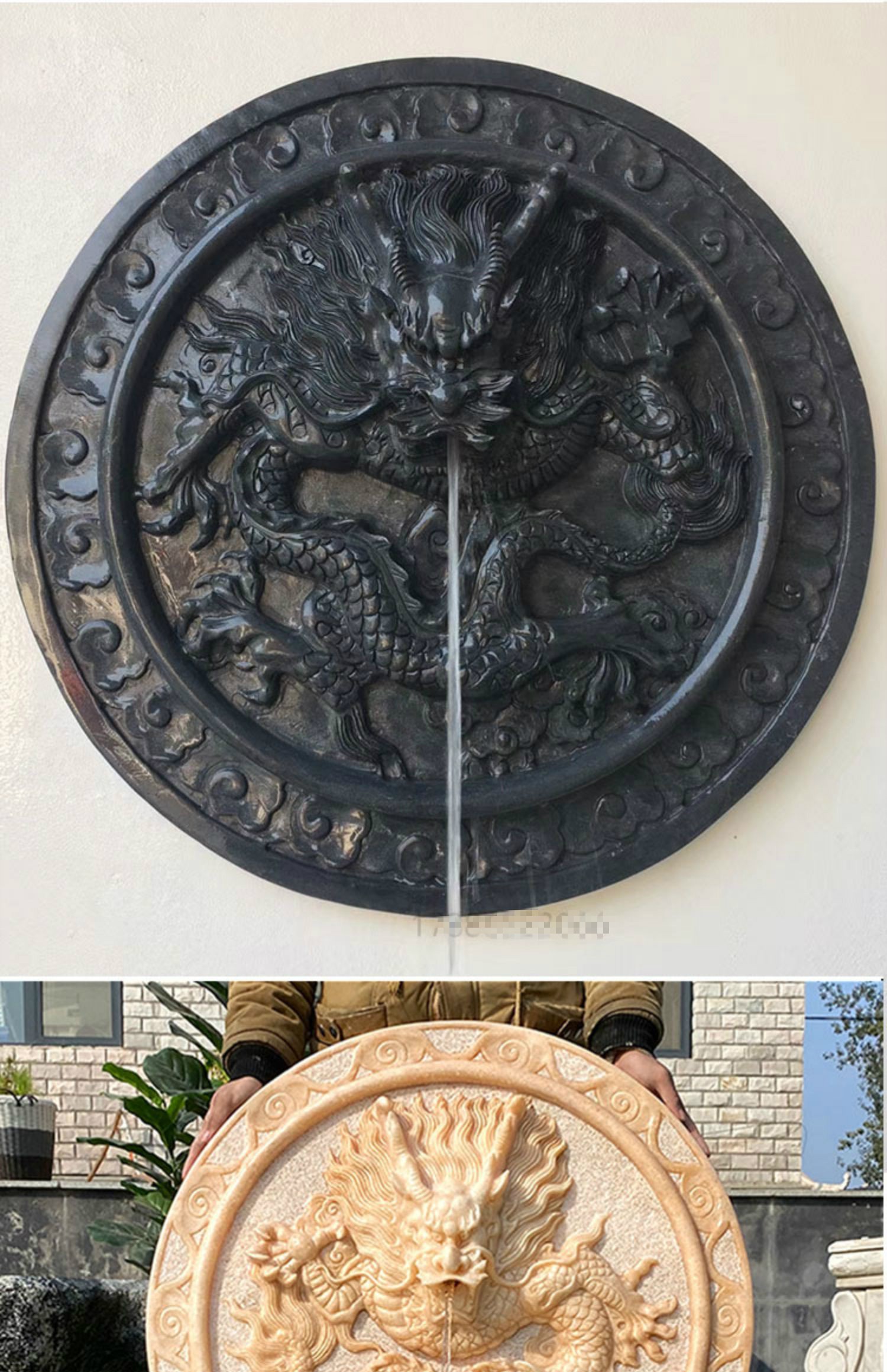 石雕喷水龙浮雕庭院鱼池汉白玉吐水龙头出水口装饰圆形