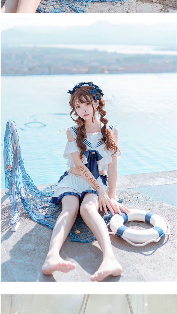 泳衣女分体可爱原创分体泳衣泡温泉泳装夏日绵绵海军风水手领 深蓝色