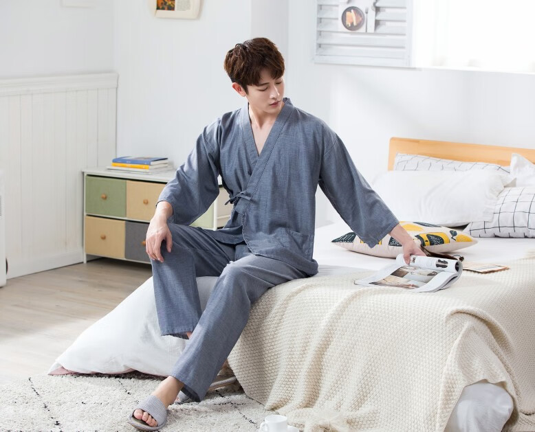 日式睡衣男士和服睡衣套装色织双层纱布家居服汗蒸桑拿春秋秋季棉纱