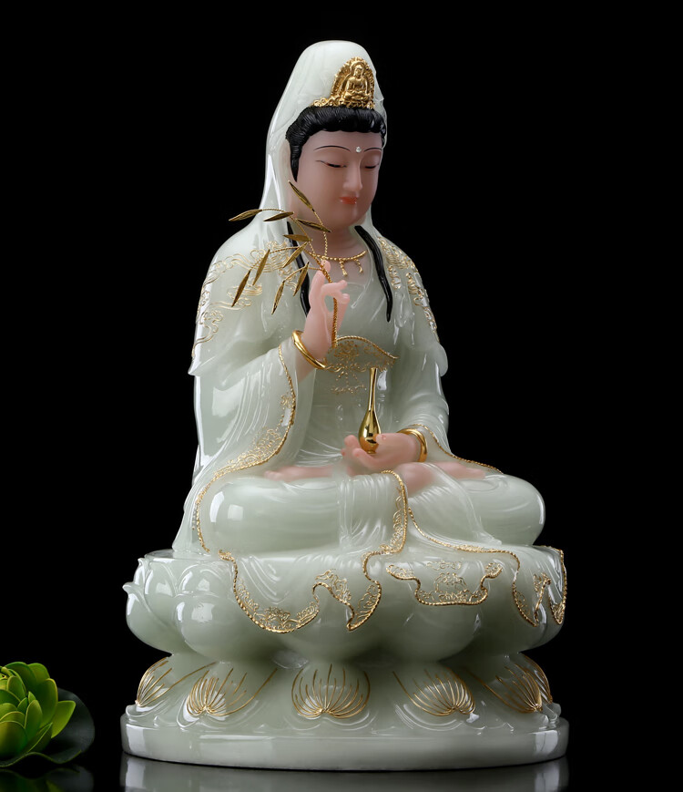 七宝莲观音佛像汉白玉雕南海观世音菩萨娑婆西方三圣家用摆件观音佛像