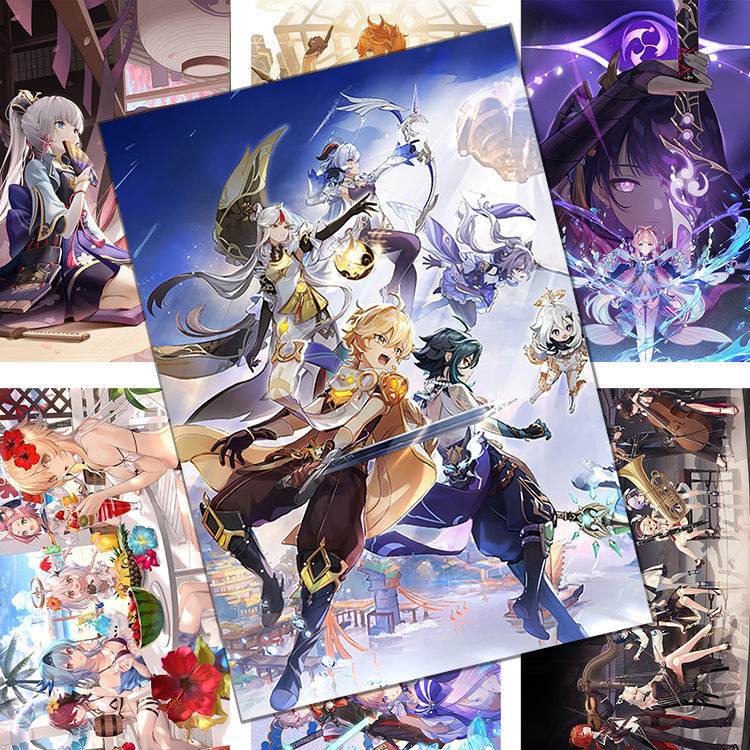 甄萌 原神海报墙贴刻晴胡桃八重神子雷电将军周边高清大张宿舍墙纸
