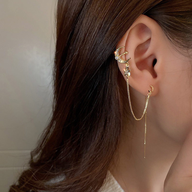 真金电镀925银针锆石星星月亮耳钉耳夹一体个性气质耳环耳饰单只左耳