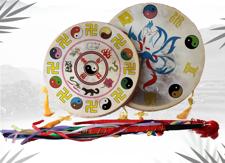 萨满鼓跳大神鼓二神鼓文王鼓出马仙鼓买神鼓含鼓鞭羊皮手抓鼓50cm彩绘