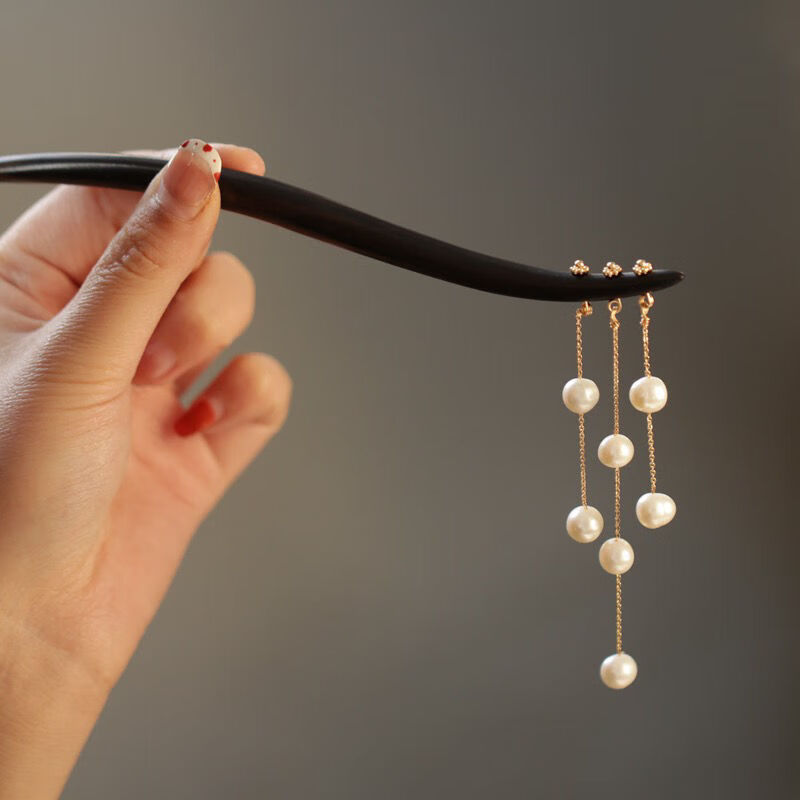 发饰感丸子头盘发木簪珍珠流苏旗袍配饰日常文艺茶服簪子设计 普通木