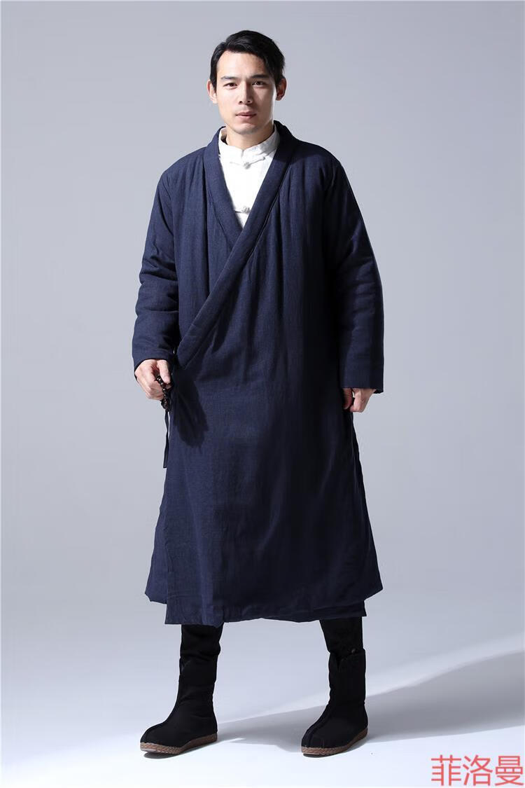 冬季男士禅意茶服居士禅修服中国风宽松汉服长款夹棉加厚禅修棉袍长