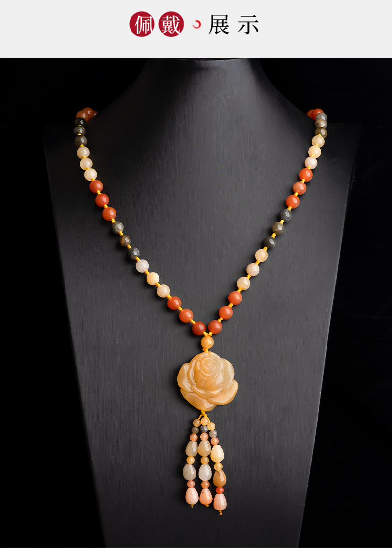 链戈壁玉黄玉男女款玉石吊坠项链 双龙护主 xl12 金丝玉毛衣链【图片