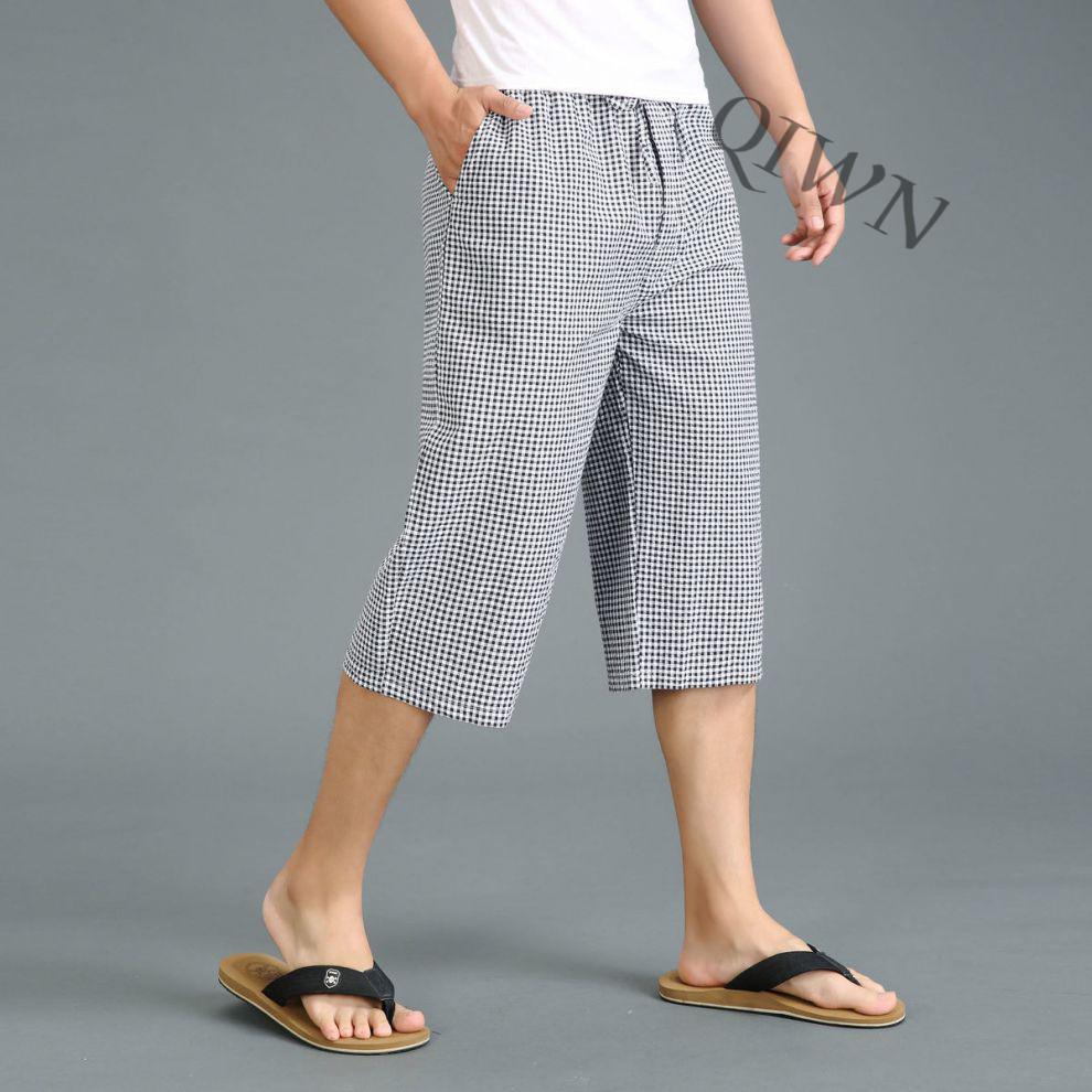 睡裤男夏季男士睡裤七分裤家居裤居家裤宽松大码蓝灰格子七分裤s